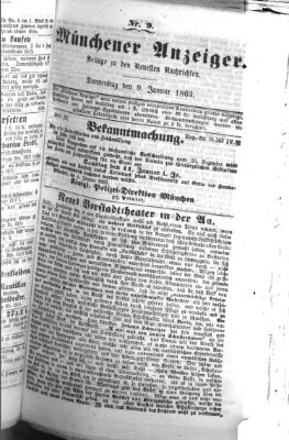 Münchener Anzeiger (Münchner neueste Nachrichten) Donnerstag 9. Januar 1862