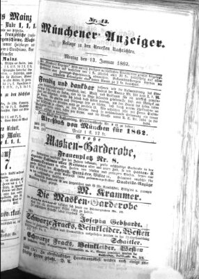 Münchener Anzeiger (Münchner neueste Nachrichten) Montag 13. Januar 1862