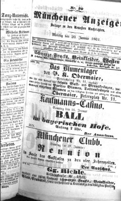 Münchener Anzeiger (Münchner neueste Nachrichten) Montag 20. Januar 1862