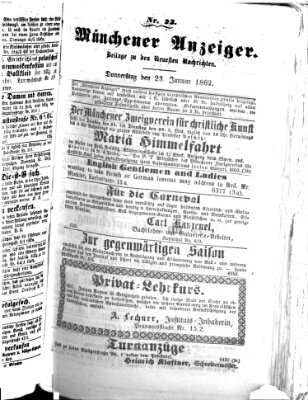 Münchener Anzeiger (Münchner neueste Nachrichten) Donnerstag 23. Januar 1862