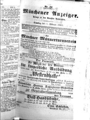 Münchener Anzeiger (Münchner neueste Nachrichten) Samstag 1. Februar 1862