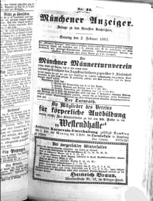 Münchener Anzeiger (Münchner neueste Nachrichten) Sonntag 2. Februar 1862