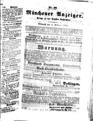 Münchener Anzeiger (Münchner neueste Nachrichten) Mittwoch 5. Februar 1862