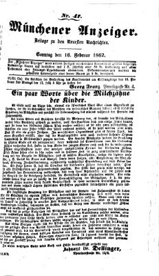 Münchener Anzeiger (Münchner neueste Nachrichten) Sonntag 16. Februar 1862