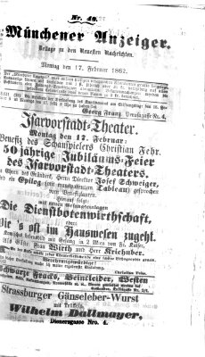 Münchener Anzeiger (Münchner neueste Nachrichten) Montag 17. Februar 1862