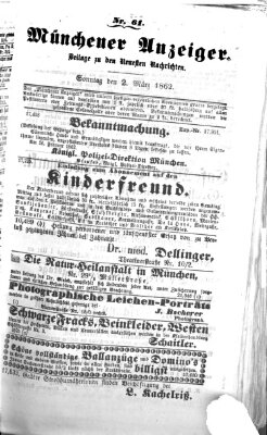 Münchener Anzeiger (Münchner neueste Nachrichten) Sonntag 2. März 1862