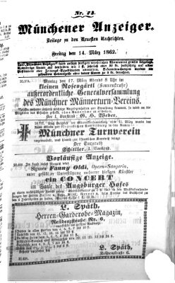 Münchener Anzeiger (Münchner neueste Nachrichten) Freitag 14. März 1862