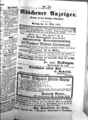 Münchener Anzeiger (Münchner neueste Nachrichten) Sonntag 16. März 1862