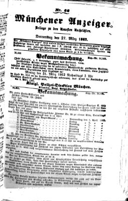 Münchener Anzeiger (Münchner neueste Nachrichten) Donnerstag 27. März 1862