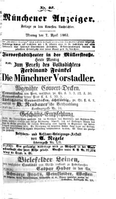 Münchener Anzeiger (Münchner neueste Nachrichten) Montag 7. April 1862