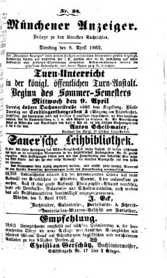 Münchener Anzeiger (Münchner neueste Nachrichten) Dienstag 8. April 1862