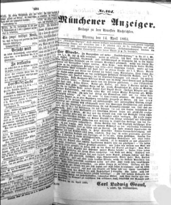 Münchener Anzeiger (Münchner neueste Nachrichten) Montag 14. April 1862