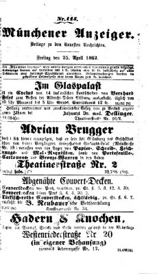 Münchener Anzeiger (Münchner neueste Nachrichten) Freitag 25. April 1862