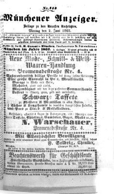 Münchener Anzeiger (Münchner neueste Nachrichten) Montag 2. Juni 1862