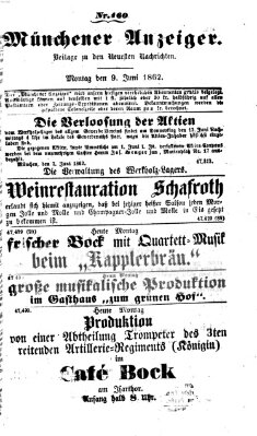 Münchener Anzeiger (Münchner neueste Nachrichten) Montag 9. Juni 1862