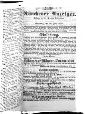 Münchener Anzeiger (Münchner neueste Nachrichten) Donnerstag 19. Juni 1862