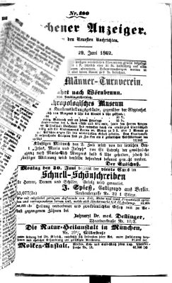 Münchener Anzeiger (Münchner neueste Nachrichten) Sonntag 29. Juni 1862