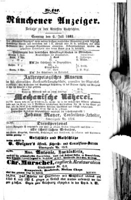 Münchener Anzeiger (Münchner neueste Nachrichten) Sonntag 6. Juli 1862