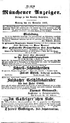 Münchener Anzeiger (Münchner neueste Nachrichten) Sonntag 16. November 1862