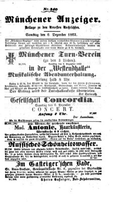 Münchener Anzeiger (Münchner neueste Nachrichten) Samstag 6. Dezember 1862