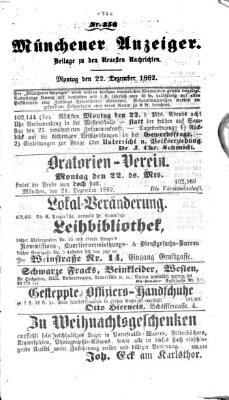 Münchener Anzeiger (Münchner neueste Nachrichten) Montag 22. Dezember 1862