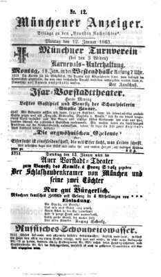 Münchener Anzeiger (Münchner neueste Nachrichten) Montag 12. Januar 1863