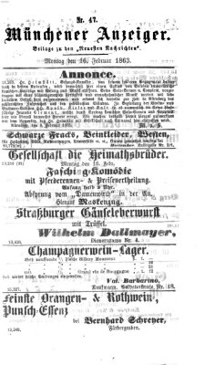 Münchener Anzeiger (Münchner neueste Nachrichten) Montag 16. Februar 1863