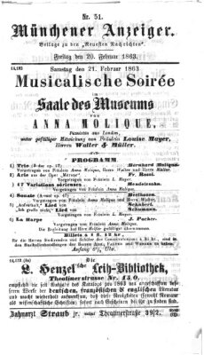 Münchener Anzeiger (Münchner neueste Nachrichten) Freitag 20. Februar 1863