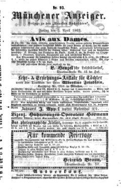 Münchener Anzeiger (Münchner neueste Nachrichten) Freitag 3. April 1863