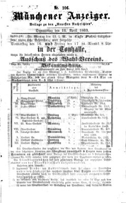 Münchener Anzeiger (Münchner neueste Nachrichten) Donnerstag 16. April 1863