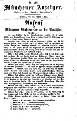 Münchener Anzeiger (Münchner neueste Nachrichten) Montag 20. April 1863