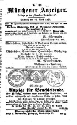 Münchener Anzeiger (Münchner neueste Nachrichten) Mittwoch 22. April 1863