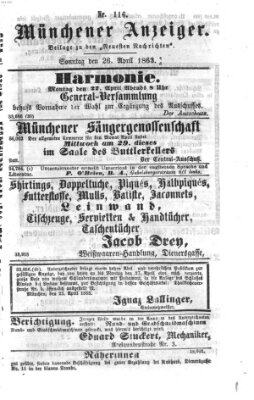 Münchener Anzeiger (Münchner neueste Nachrichten) Sonntag 26. April 1863