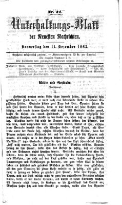 Neueste Nachrichten aus dem Gebiete der Politik. Unterhaltungs-Blatt der Neuesten Nachrichten (Münchner neueste Nachrichten) Donnerstag 11. Dezember 1862