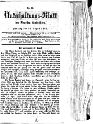 Neueste Nachrichten aus dem Gebiete der Politik. Unterhaltungs-Blatt der Neuesten Nachrichten (Münchner neueste Nachrichten) Sonntag 23. August 1863