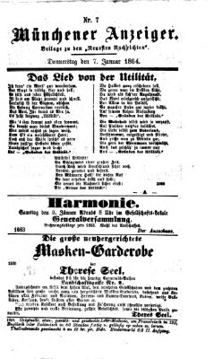 Münchener Anzeiger (Münchner neueste Nachrichten) Donnerstag 7. Januar 1864