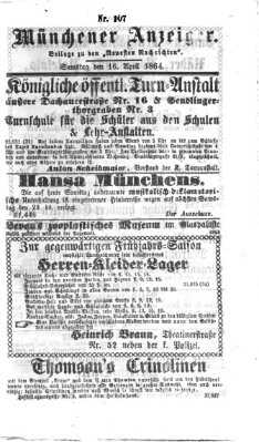 Münchener Anzeiger (Münchner neueste Nachrichten) Samstag 16. April 1864