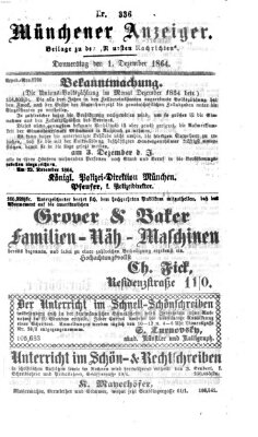 Münchener Anzeiger (Münchner neueste Nachrichten) Donnerstag 1. Dezember 1864