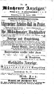 Münchener Anzeiger (Münchner neueste Nachrichten) Donnerstag 12. Januar 1865