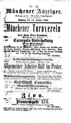 Münchener Anzeiger (Münchner neueste Nachrichten) Samstag 14. Januar 1865