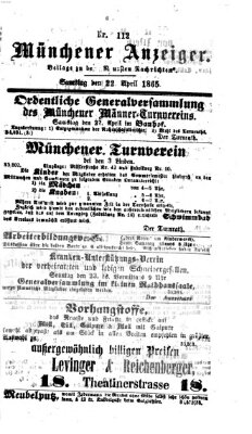 Münchener Anzeiger (Münchner neueste Nachrichten) Samstag 22. April 1865