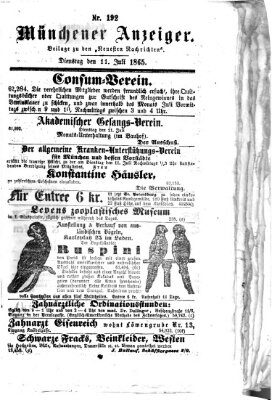 Münchener Anzeiger (Münchner neueste Nachrichten) Dienstag 11. Juli 1865