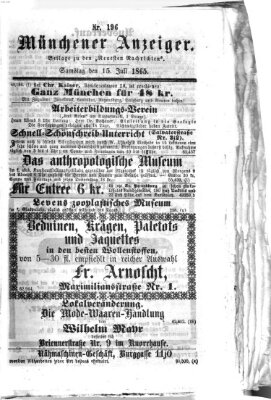 Münchener Anzeiger (Münchner neueste Nachrichten) Samstag 15. Juli 1865