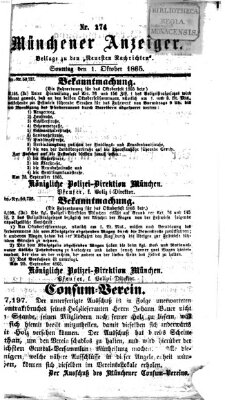 Münchener Anzeiger (Münchner neueste Nachrichten) Sonntag 1. Oktober 1865