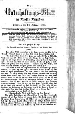 Neueste Nachrichten aus dem Gebiete der Politik. Unterhaltungs-Blatt der Neuesten Nachrichten (Münchner neueste Nachrichten) Sonntag 26. Februar 1865