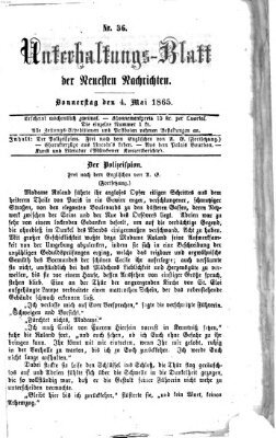 Neueste Nachrichten aus dem Gebiete der Politik. Unterhaltungs-Blatt der Neuesten Nachrichten (Münchner neueste Nachrichten) Donnerstag 4. Mai 1865