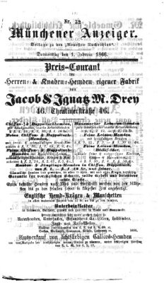 Münchener Anzeiger (Münchner neueste Nachrichten) Donnerstag 1. Februar 1866