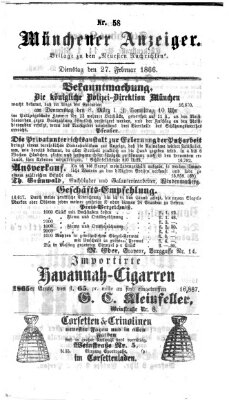 Münchener Anzeiger (Münchner neueste Nachrichten) Dienstag 27. Februar 1866