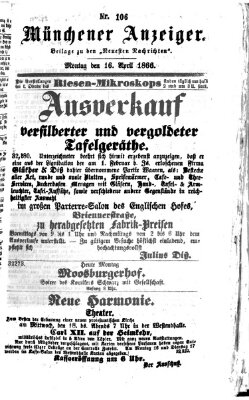 Münchener Anzeiger (Münchner neueste Nachrichten) Montag 16. April 1866