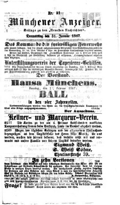 Münchener Anzeiger (Münchner neueste Nachrichten) Donnerstag 31. Januar 1867